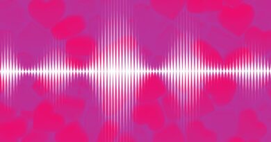 grapic depiction of white soundwaves on pinkish background