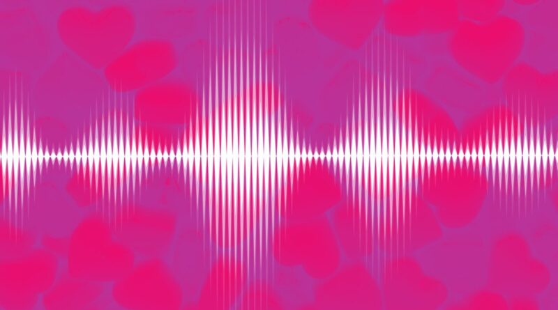 grapic depiction of white soundwaves on pinkish background