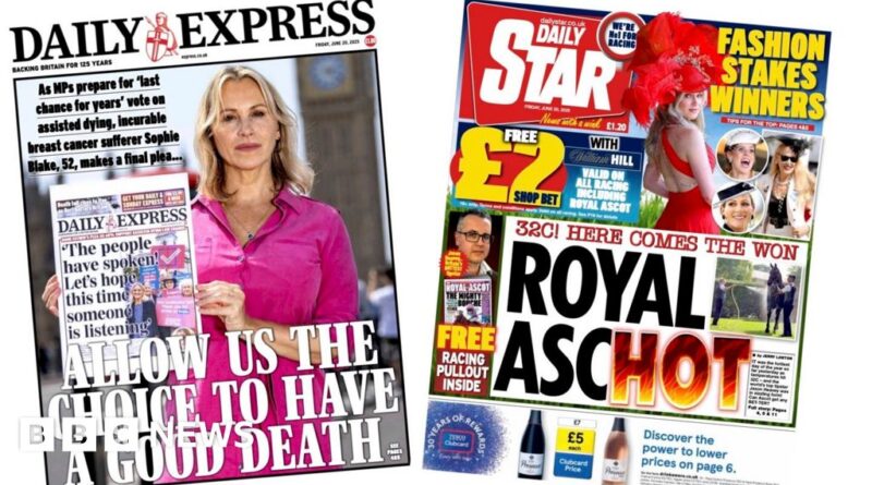 Newspaper headlines: 'A good death' and 'Royal AscHot'