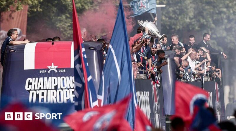 PSG's players celebrate their Champions League title with an open top