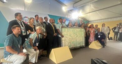 A handcrafted tapa, with a map of the Blue Pacific was unveiled at the launch of Unlocking Blue Pacific Prosperity (UBPP). Credit: Cecilia Russell/IPS