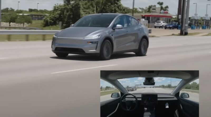 A screenshot of a video of a Tesla Model Y delivering itself to a customer in Austin, Texas