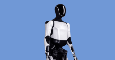 Tesla's Optimus robot against a blue background