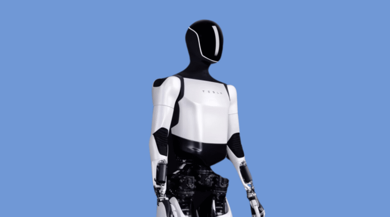 Tesla's Optimus robot against a blue background