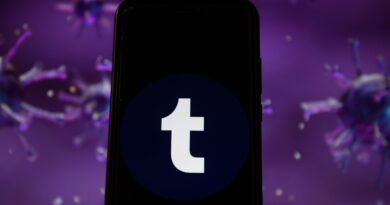 Photo illustration of a Tumblr logo displayed on a smartphone with a COVID 19 sample image in the background.