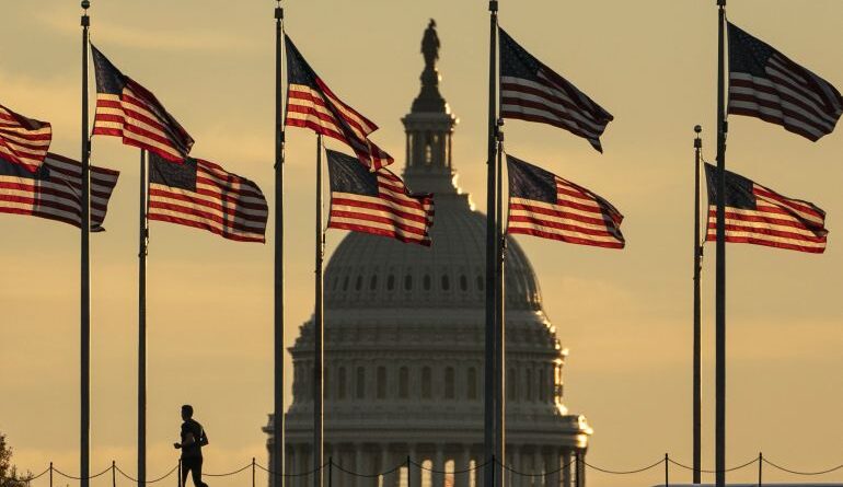 A jogger passes US flags on the National Mall in front of the Capitol Building in Washington, DC.