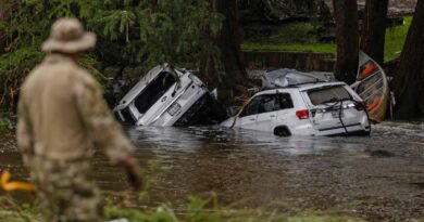 earch and rescue workers search near debris looking for any survivors or remains of people swept up in the flash flooding on July 6, 2025 in Hunt Texas.