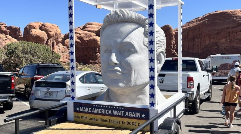 A giant Elon Musk bust was spotted at a Utah national park with a sign calling out DOGE cuts