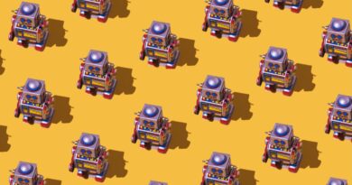 Pattern of retro tin toy robots with clocks and displays painted on yellow background.