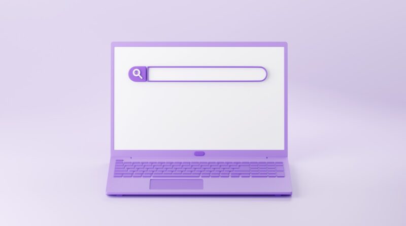 Web search bar on laptop screen 3d render - illustration of website form for research of information on computer
