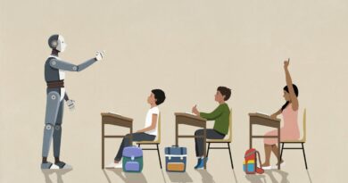 AI robot teaching schoolchildren at desks in classroom