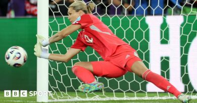 Sweden keeper Jennifer Falk reads notes on her water bottle about England's penalty takers in the Euro 2025 quarter-final