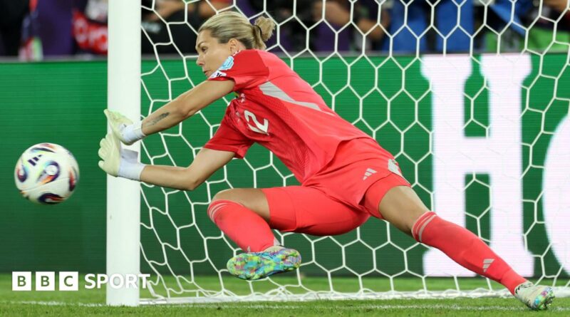 Sweden keeper Jennifer Falk reads notes on her water bottle about England's penalty takers in the Euro 2025 quarter-final
