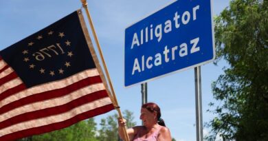 A person waves a US flag in front of a sign for Alligator Alcatraz.