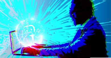 an illustration of a person using an AI chatbot on a blue, explosive background