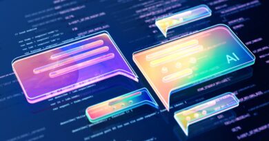Digital generated image of abstract AI data chat icons flying over digital surface with codes
