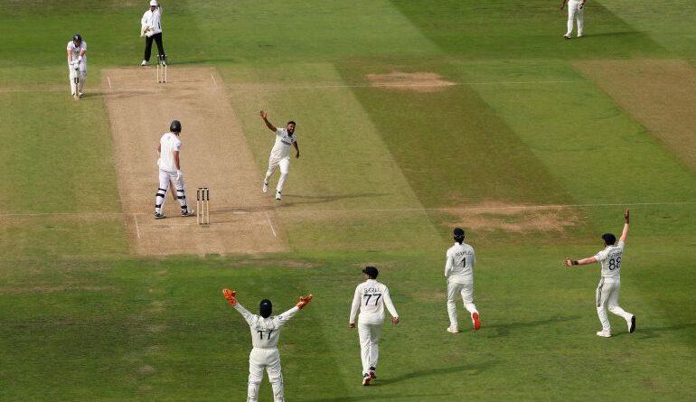 Mohammed Siraj of India celebrates the wicket of Josh Tongue of England during Day Three of the second Test
