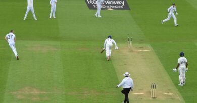 Shubman Gill of India is run out by a direct throw from Gus Atkinson of England (L) during Day One of the 5th Rothesay Test Match between England and India at The Kia Oval