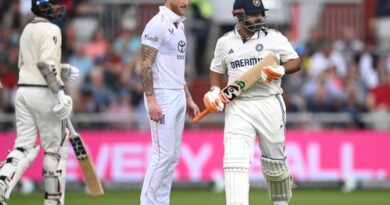 India batsman Rishabh Pant sets off for his first run as Ben Stokes looks on during day two of the Fourth Test Match between England and India at Emirates Old Trafford