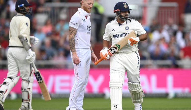 India batsman Rishabh Pant sets off for his first run as Ben Stokes looks on during day two of the Fourth Test Match between England and India at Emirates Old Trafford