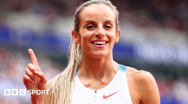 Georgia Hunter Bell celebrates victory at the London Diamond League