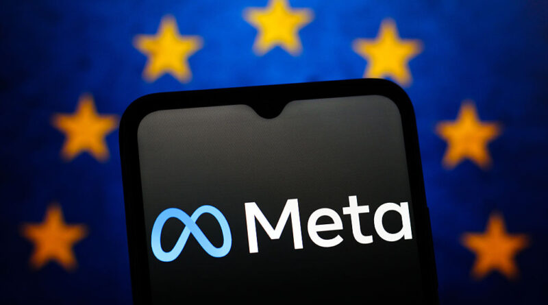The Meta Platforms logo is seen displayed on a smartphone screen and the flag of the European Union in the background.