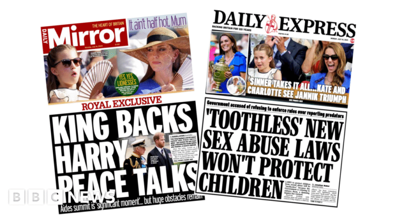 Newspaper headlines: 'Royal peace talks' and 'Sinner takes it all'
