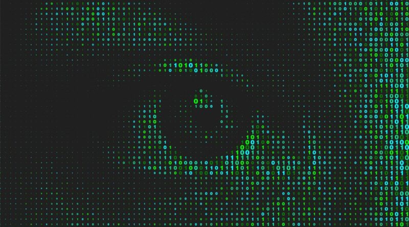 Artificial intelligence technology futuristic background. Green binary coding letters on black.