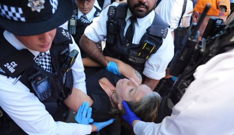 Police arrest protester.