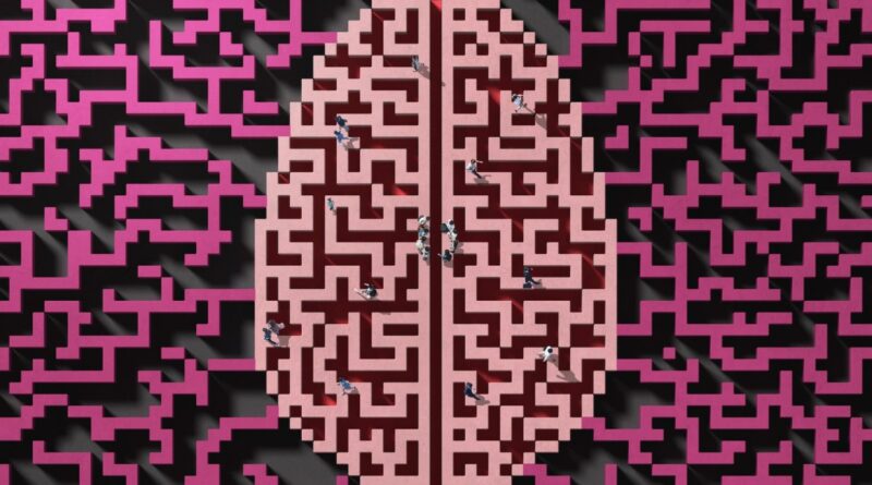 People walking in a maze shaped as a brain