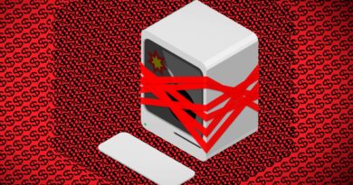 illustration of desktop computer wrapped in red tape