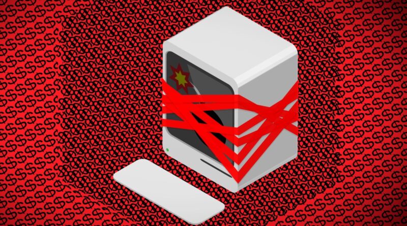 illustration of desktop computer wrapped in red tape