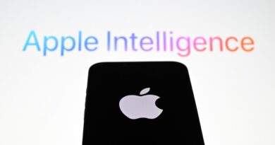In this photo illustration, the 'Apple' logo is displayed on a mobile phone screen in front of a computer screen displaying Apple Intelligence logo.