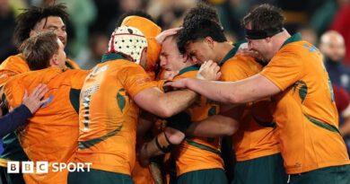 Australia congratulate Max Jorgensen for his try