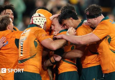 Australia congratulate Max Jorgensen for his try