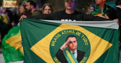 Protesters hold up a Brazilian flag with Bolsonaro's face in the middle.