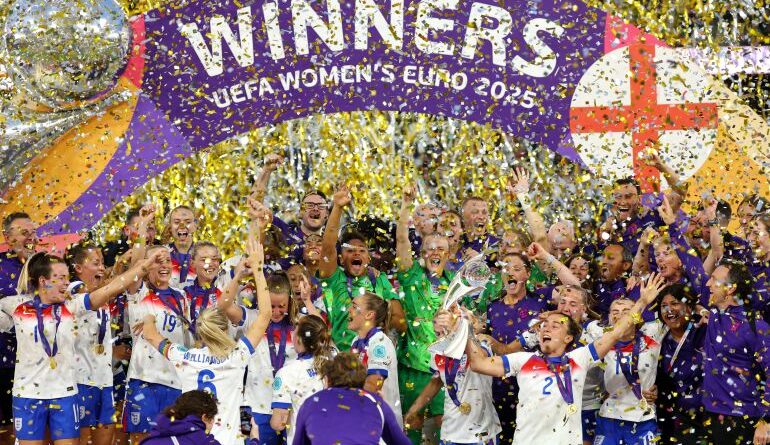 England players celebrate with the trophy after winning the UEFA Women's Euro 2025