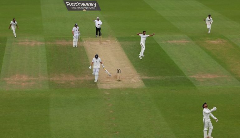 Prasidh Krishna of India celebrates the wicket of Joe Root of England during Day Four of the fifth Test