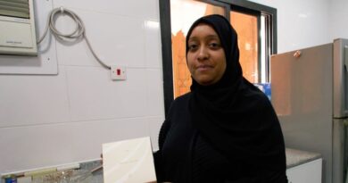 After baking her cookies, Eman Fareed packages them in an attractive box branded with her business name.