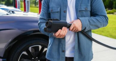 A man holds a Tesla charging cable with a CCS adapter attached.
