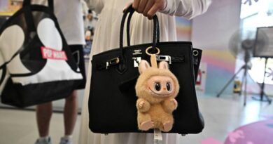 designer art toy Labubu attached to a shopper's handbag at the Pop Mart store in Siam Square in Bangkok. (