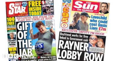 Newspaper headlines: 'Gift of the jab and 'Rayner lobby row'