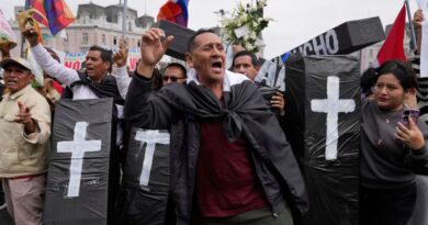 Protesters hold up model coffins to represent the dead.