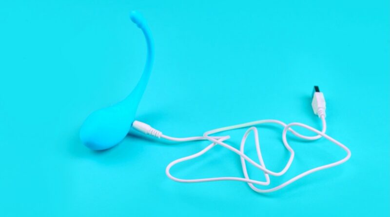 a Lovense branded vibrator with a white charging cable on a light blue background