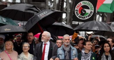 people march behind a banner that says march for humanity save gaza on a bridge