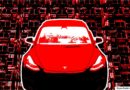 Image of a red Tesla over a supercomputer AI training cluster.