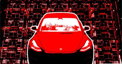 Image of a red Tesla over a supercomputer AI training cluster.
