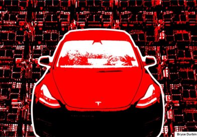 Image of a red Tesla over a supercomputer AI training cluster.