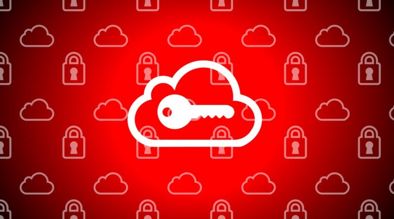 An illustration of a key over a cloud icon, background of cloud and lock icons.