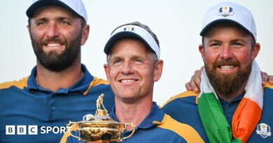 Jon Rahm, Luke Donald and Shane Lowry celebrate winning the Ryder Cup in 2023